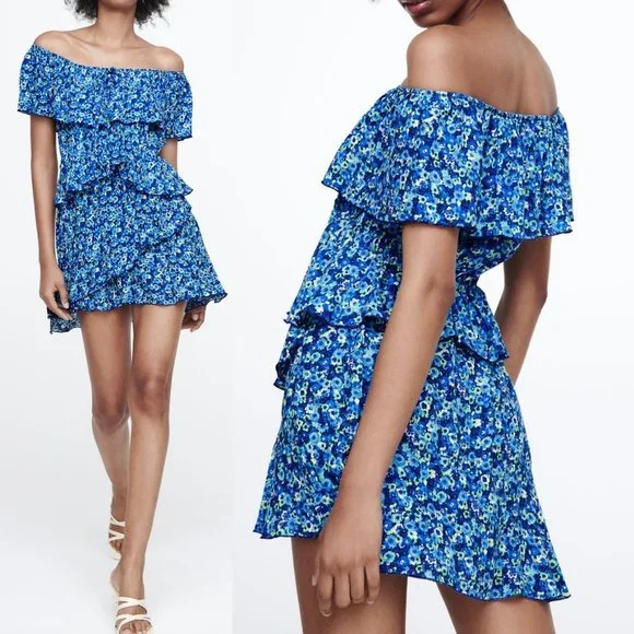 NEW Zara Blue Floral Off the Shoulder Cute Tiered Ruffle Dress Romper Jumpsuit M - Picture 9 of 9